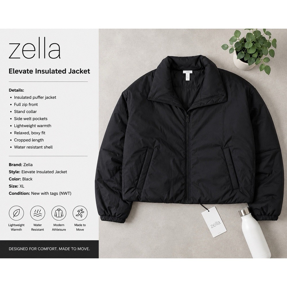 Zella Elevate Insulated Jacket Black Full Zip Puffer XL Athleisure Normcore